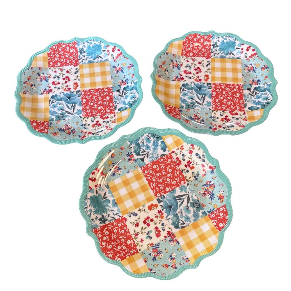 Pioneer Woman Patchwork Medley Melamine Dinner Plates Scalloped Teal 3 Plates
